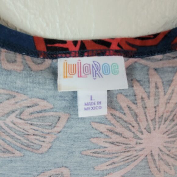 Lularoe Dress Size L Floral Palm Leaves Blue Red Marly Pockets - Picture 9 of 16